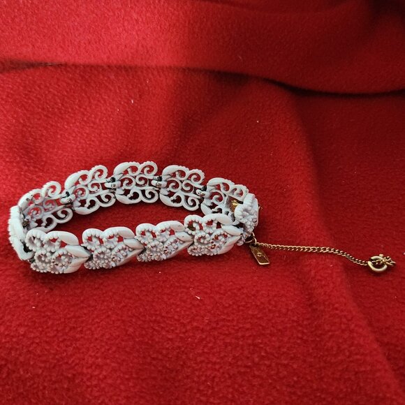 Vintage 1960's Monet White Enamel on Silverplate Filigree Floral Design Bracelet - Picture 1 of 16